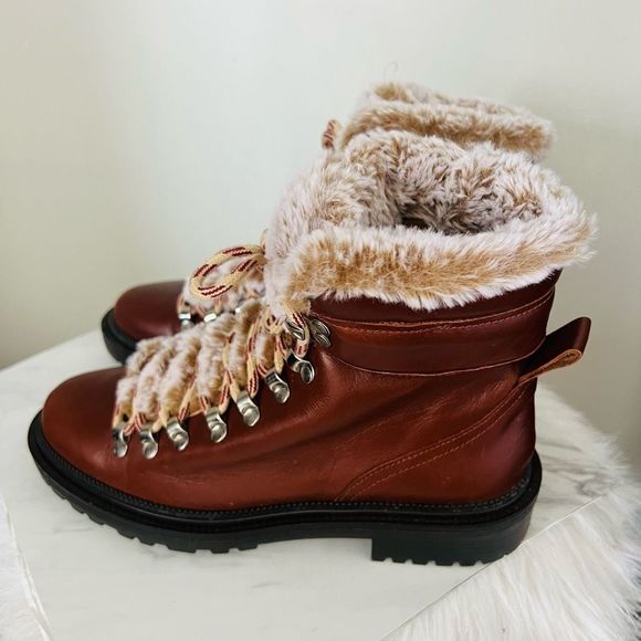 Zara Leather Lace Up Mountain Faux Fur Ankle Boots, Brown, Euro 38 (US 8), NWOT - Picture 12 of 15